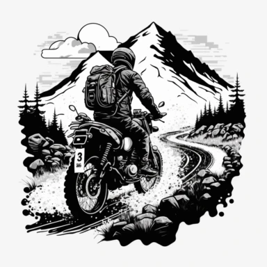Clipart style image with Adventure motorcycle drawn using thin, black lines on a white background on a single track road, the rider is standing and the motorcycle has soft luggage. The trail itself is winding and full of obstacles like mud and rocks. The background is a bright white color, making the dark lines of the motorcycle and the surrounding landscape stand out in contrast.