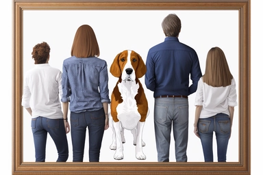 portrait of a family , faceless people, royal blue jeans,white shirt, a beagle,black,brown, white angora rabbit,in a pack of one wall frame, design clipart, white background,