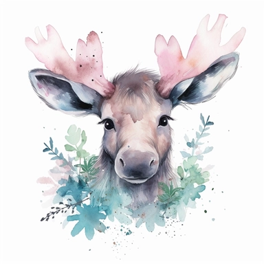 super cute newborn baby moose clipart with huge cute blue eyes long fur smiling painted in watercolour style, splashes, pastel pink and sage green floral elements, white background 8k hd