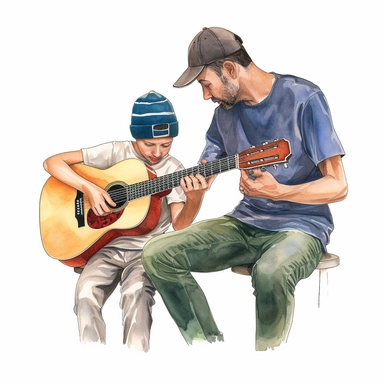 watercolor, hyper realistic, white background with margins, 8k, ultra detailed clipart Create a watercolor clipart of a father and son playing guitar together. The father is playing an acoustic guitar, and the son is playing an electric guitar cartoon style