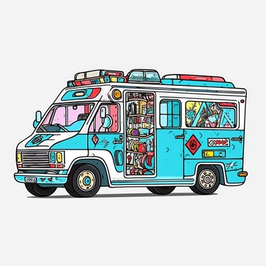 ambulance cartoon drawing vehicle, ambulance illustration png and clipart, in the style of jean dubuffet, light sky-blue and pink, animated gifs, layered translucency, jun kaneko, charles e. burchfield, hand-coloring
