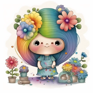 watercolour cute hairdresser style rainbow little troll girl, hairdresser, hairstylist troll character, holding scissors, hair brush, hairdryer, whimsical, adorable, cute, flowers, full image, big cute adorable eyes, Clipart style, white background