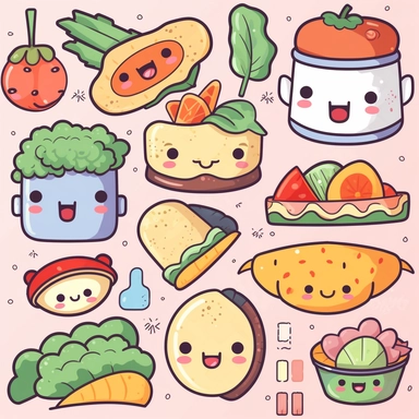 Kawaii Y2K clipart illustrations of food and drinks: Generate cute illustrations of sushi rolls with cute faces and bright colors. Design charming coffee cups with fun designs such as hearts, stars, and stripes. Create lovable illustrations of fruits such as watermelon, pineapple, and strawberry with cute faces and expressions. Generate endearing illustrations of vegetables such as carrots, tomatoes, and broccoli with cute shapes and colors.