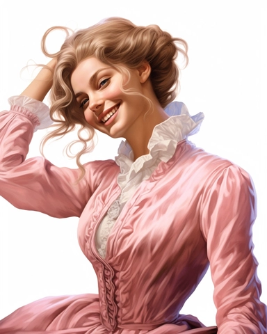 detailed smiling beautiful lady , dressed in a pink victorian vintage dress fixing hair, hyper realistic, 8k, isolated on white backgorund, clipart