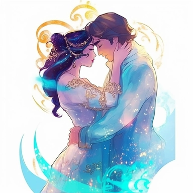 watercolor Aladdin and Princess Jasmine kissing in a romantic moment, magic lights, high quality, clipart, white background, by Kawacy