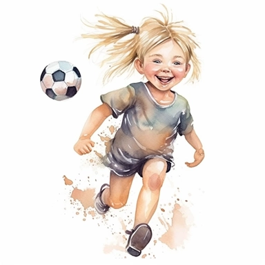 watercolor style a smiling happy girl with blond hair in a ponytail playing soccer childish sweet cute clipart neutral colors on white background