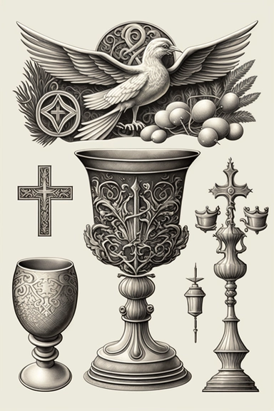 clip art, design sheet of 4 religious catholic symbols designs chalice, cross,bible altar