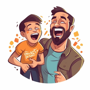 Father and boy playing or laughing together, sticker style vector illustration for t - shirt, clipart, white background