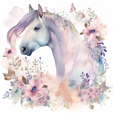 A horse clipart design for girls with a soft and girly color palette of pastel colors like pink, purple and blue to create a dreamy atmosphere. The horse itself is majestic and has a long flowing tail and mane that move in the wind. Flowers and butterflies surround the horse and give the design a romantic touch