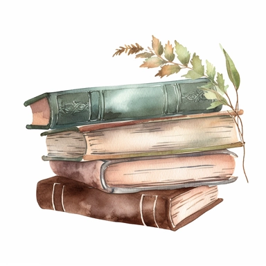 Generate a watercolor vintage nature style stack of books clipart on a pure white background that is rustic and charming. Utilize a color palette that consists of muted greens, browns, and blues to create a vintage look. Use rough watercolor textures to add a sense of rusticity to the image. Consider adding details such as a quill pen or a pair of glasses to make the image look more vintage and academic. Use strong shadows and lighting to create a sense of depth and contrast.