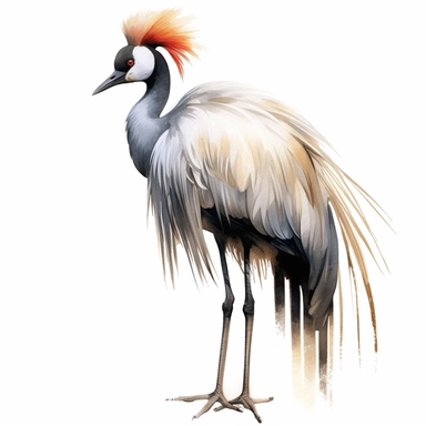 gray crowned crane full body realistic clipart + white background + watercolor style