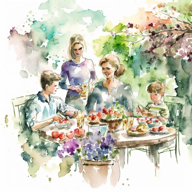 digital watercolor clipart spring garden family enjoying time holiday gathering breakfast