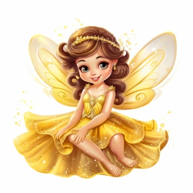 a picture of a cute, glittery fairy in a beautiful, sparkly yellow dress with wings sitting and happy knowing her friends love her for clipart on a white background