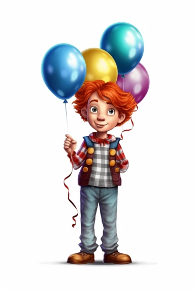 hp clipart, cute boy dressed in clown clothes holding 2 brown cooper balloons in his hand, big blue eyes, red hair, on white background, vector , fully detailed, full body figure view