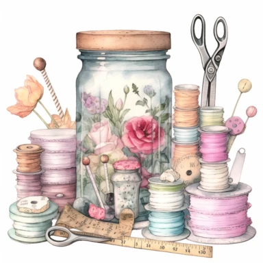 Victorian sewing buttons scissors needles pins measuring tape thread rolls delicately placed in a floral mason jar clipart, realistic forms of the sewing equipments in mason jar, soft pastel colors, in the style of realistic watercolors, feminine sensibilities, detailed illustrations, made of all of the above, in style of Willem Haenraets, clean background, white background, on a white background, transparent background