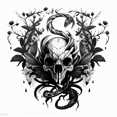 a picture of a snake with a head and tail, black and white symbol transparent background png clipart, in the style of skull motifs, gothic horror, marvel comics, twisted branches, feminine sticker art, rtx on, baroque-influenced. Logo, white background, 2D, Vector, Simple.