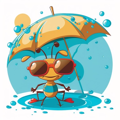 an adorable ant jumping in the pool surrounded by umbrellas on a sunny day, with sunglasses cartoon style clipart