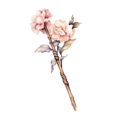 hand drawn , watercolor, hyper realistic, white background, white margins, 16k, ultra detailed clipart, cut out image, hand-drawn, ultra HD, sharp and clean art a vintage hiking stick with delicate floral , capturing the romantic and feminine aesthetics often associated with vintage fashion and travel. light pink pastel