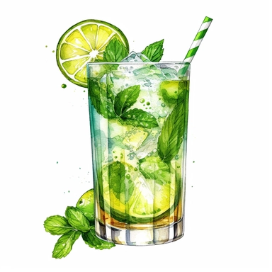 In this charming Mojito clipart illustration, a refreshing scene unfolds on a pristine white background. The iconic Mojito cocktail takes center stage, showcasing its vibrant and enticing elements. A classic highball glass stands tall, filled with a luscious concoction of mint leaves and lime slices. The mint leaves, depicted with delicate strokes, evoke a sense of freshness and vitality. The lime slices, carefully rendered, exude a vibrant shade of green, hinting at their zesty flavor. Crystal-