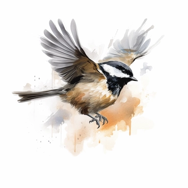 realistic watercolor chickadee flying with its wing swinging downwards, on white background, spaced out, clipart
