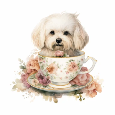 A Maltese dog sitting in a vintage tea cup, surrounded by tea leaves and delicate tea roses, creating a whimsical and charming composition, with a white background and watercolor clipart.