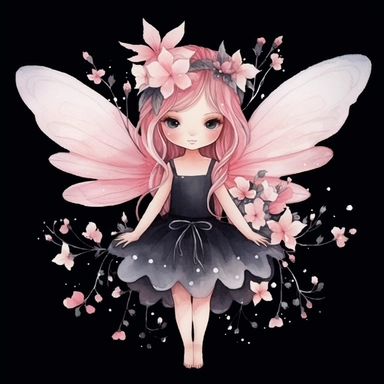 cute fairy with cherry blossoms clipart, watercolor style, Black Background