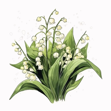 Enchanting spring lily of the valley clipart against a pristine white background. The illustration showcases a bunch of delicate lily of the valley flowers with tiny white bell-shaped blooms and lush green leaves. The white background adds a modern and fresh feel, allowing the lilies of the valley to exude their enchanting beauty. The lighting is subtle and luminous, casting a gentle glow on the flowers. The atmosphere exudes a feeling of elegance and natural grace.