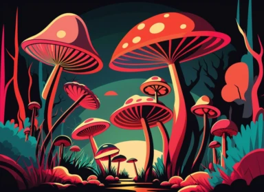 Expressionist Landscape Painting: magic mushrooms, Vibrant Colors, pink + green, Intense Emotions, Fauvism, art deco,, red fly agaric mushroom, chanterelles, pop art deco nouveau, flat 2d vector design, illuminati priestess, clipart, detailed trace