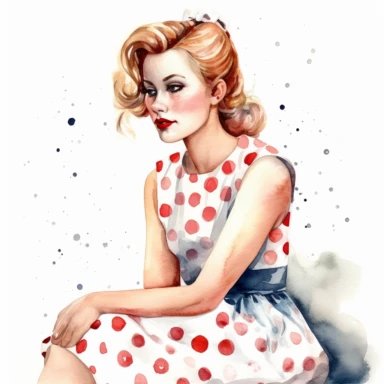 watercolor, hyper realistic, white background, white margins, 16k, ultra detailed clipart, cut out image, hand-drawn, whimsical a pretty lady wear a a vintage-inspired polka dot dress with a sweetheart neckline, reminiscent of the classic summer style.