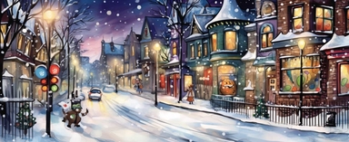 Watercolor drawing, christmas lights, large snowman, the city at night, the lights on, bright colors, ultradetailed hd, style by Lucy Fleming, watercolor, smooth gradients, black contour outline, ultra detailed, clipart elements, delicate pastel colors, solid white background, super clear, high quality