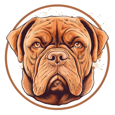 logo, ink drawing Dogue de Bordeaux , head, facing front, cute, circle frame, cartoon clipart, vector, bold line, white isolated background, high definition