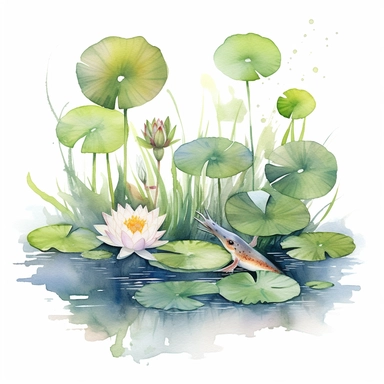 Watercolor Lily Pond Clipart, lily pad and frog pond, CLIPART, fish and birds
