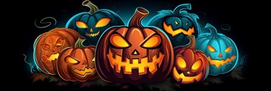 halloween pumpkins vector vector clip art, collection of free halloween pumpkin, in the style of black background, tasteful use of negative space, hellish background, caricature faces, light black and orange, light sky-blue and dark orange
