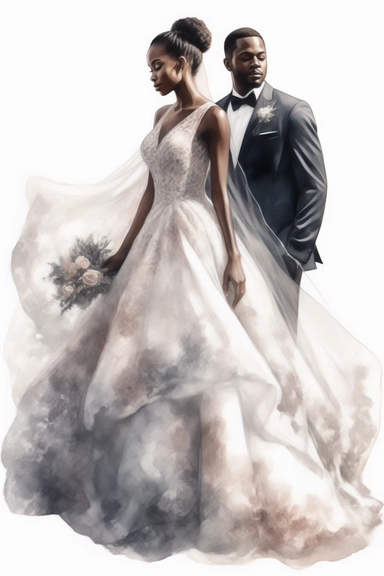 amazing detailed watercolor clipart of a beautiful black woman bride with a beautifully detailed couture dress and a long veil and a handsome black groom, solid white background, cinematic light lighting, hyper-detailed, 8k, high resolution, symmetrical, bodyshot photograph, insanely detailed and intricate, beautiful, elegant, watercolor, cinematic