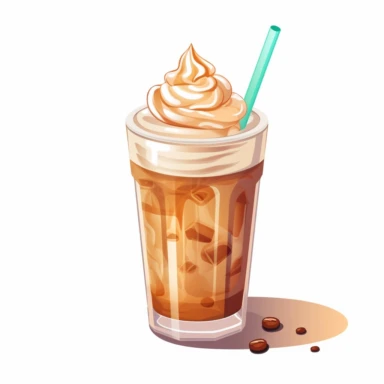 clipart of coffee cup. TRANSPARENT PLASTIC coffee cup with ice mocha latte in it. whipcream on top , straw , 2D VECTOR ART ,high detial, 8k