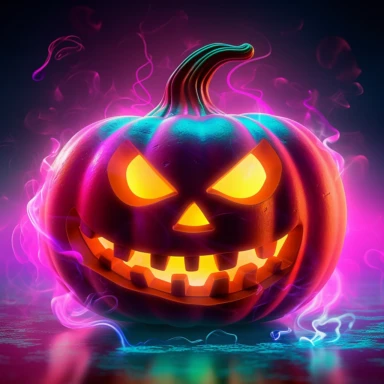 clipart, A grinning neon-colored Jack-o'-lantern with glowing eyes and a mischievous expression. The pumpkin should be surrounded by swirling neon-colored fog or smoke to add an eerie atmosphere. Camera setup: Close-up shot with a shallow depth of field to focus on the details of the Jack-o'-lantern's face. Use colored gels or lighting effects to create the neon glow