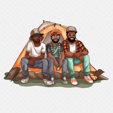 Watercolor group of friends three four people camping bbq cat smile png Full body realistic cartoon 32k UHD cute. 15 cm thick outline. Black color. There was no shadow on the ground. with realistic watercolors and detailed illustrations. Cartoon, PNG clipart, transparent white background