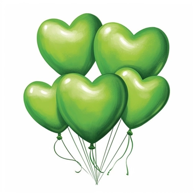 illustration of a group of heart shape green balloons against white background in watercolor style, beautiful, vibrant colors, white background, clipart, PNG pure white background, high resolution, best quality, unreal engine 5
