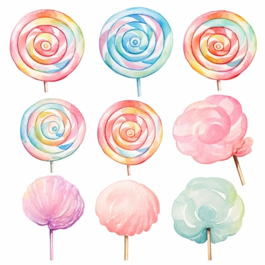 watercolor rainbow spiral lollipop clipart, in pastel pink, pastel bue and pastel mint green, simple handpainted designs, soft harmonious colors, style cute s 900