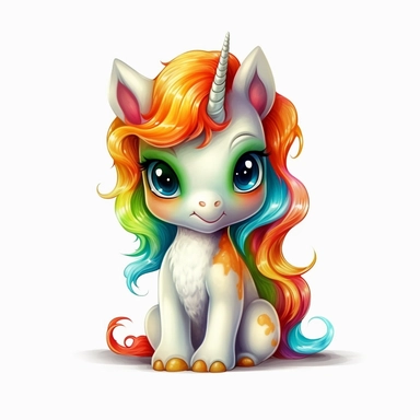 Cute Beautiful Happy Face Rainbow Baby Unicorn is sitting full body Sublimation Clipart ,Cartoon,hyper realistic, intricate detail, illustration style,high solution,on the white background