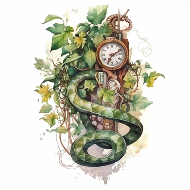 Steampunk style snake lapped a tree branch with watercolor effect,unrealistic fantastic,white background,suitable for digital cliparts,fantastic scene,high quality,leaves,ivy,green plants - @nhnztrk (Waiting to start)