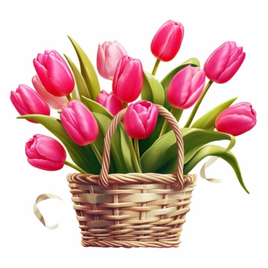 clipart of hot pink tulips in a basket, in the style of uhd image, high detailed, stock photo, colorful realism, ornate still lifes, isolated on flat white background