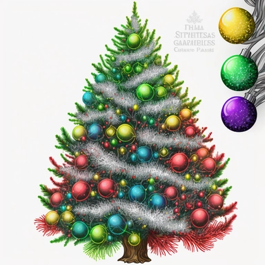 Christmas tree clip art, bright decorations, detailed, illustration, outline, white background