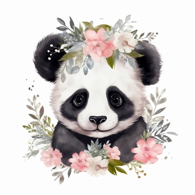 cute fluffy baby panda with some minimalist flowers on its head, disney style, clipart on white background