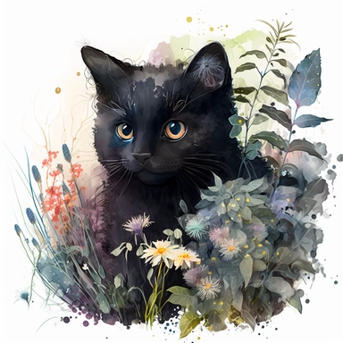 A baby balck cat in a natural setting, surrounded by flowers, watercolor, pastel colors, whimsical andplayful, with a touch of magic, soft edges, textured fur or feathers, dreamy and serene atmosphere, clipart