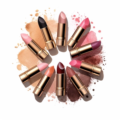 Lipstick, Beige blush, round blush, blush brush, eye pencil, glitter, blush brush, eye shadows, High detailed women fashion makeup accessories clipart, pink, gold and black colors, white background, no shadow, procreate drawn style