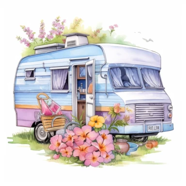 travel motorhome, outdoor lunch, flowers, pastel color, clipart