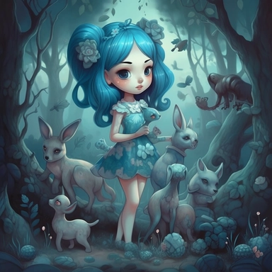 a girl with blue hair and animal companions, in the style of moody tonalism, lush and detailed, artgerm, childlike innocence, made of vines, dark cyan and light beige, gary baseman, clipart, flat backgroumd