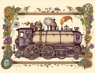 blank ephemera paper page with ornate border illustrations vintage steampunk era elements, trains pencil sketch , greeting card design, old botanical books style drawing, vintage, distressed textures, muted colors, craft paper texture, handwriting lines in background, pen and ink on paper with watercolor washes Watercolor, vector, white background, rice paper texture, clipart, flat illustration, outlined , Vector, 4K, Art station, digital print, highly detailed clean, detailed illustration, 3D v
