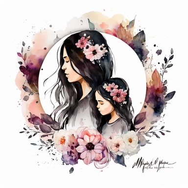 no words straight dark hair mom and daughter watercolor clipart with flowers and hearts